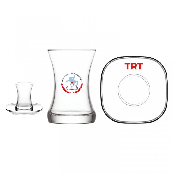 155 cc Logo Baskılı İnce Belli Cam Çay Bardağı ve Kare Tabak Seti